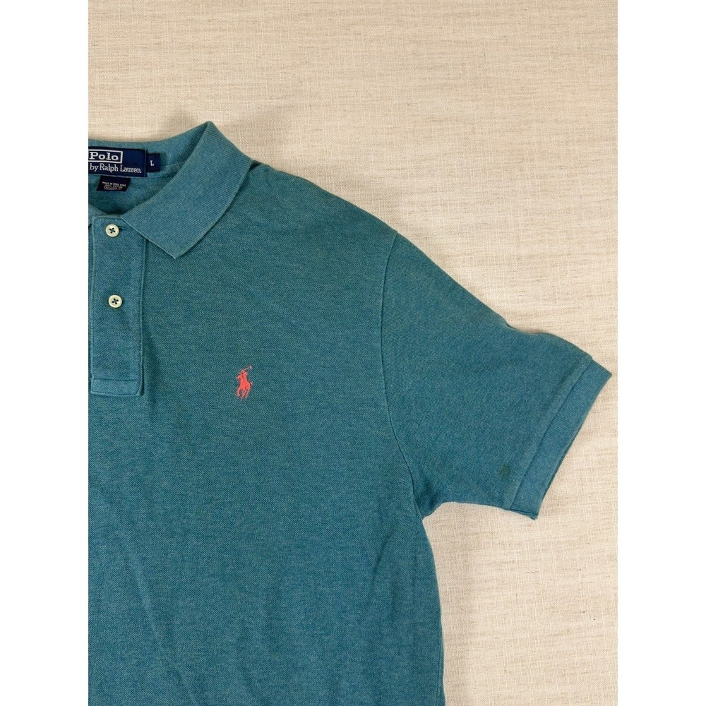 Polo Ralph Lauren Mens L Teal Blue Heather Pique Polo Shirt Cotton Bright Pony - Picture 4 of 7